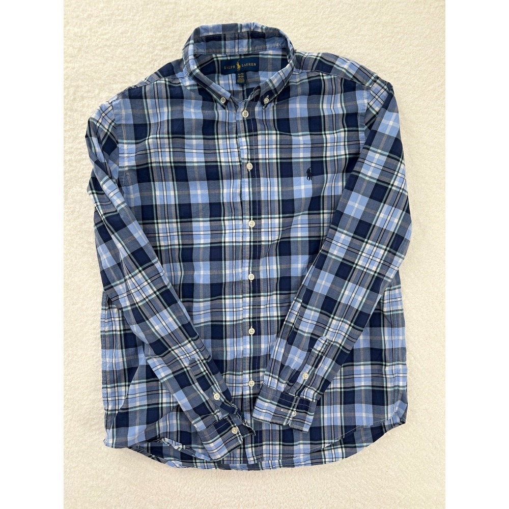 Ralph Lauren Boys XL 18-20 Blue Plaid‎ Long Sleeve Button Down Shirt Cotton Pony